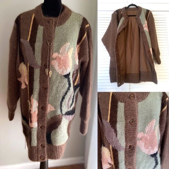 Vintage fluffy hand knit mohair Angora Blend cardigan size L - Picture 1 of 16